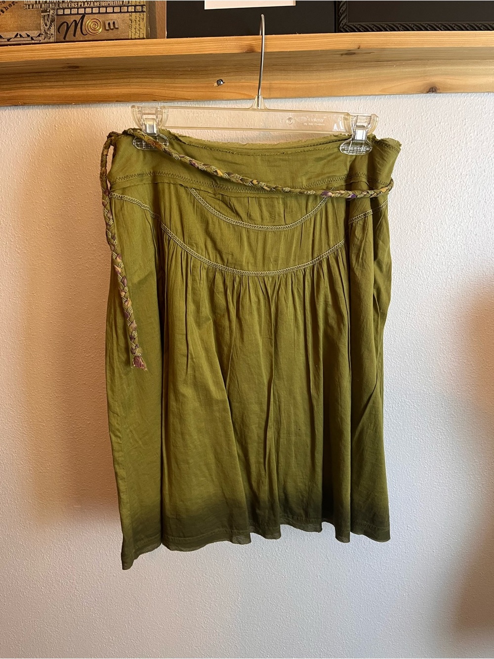 Lux Olive Green A-Line Skirt with Braided Waist Tie %100 Cotton
